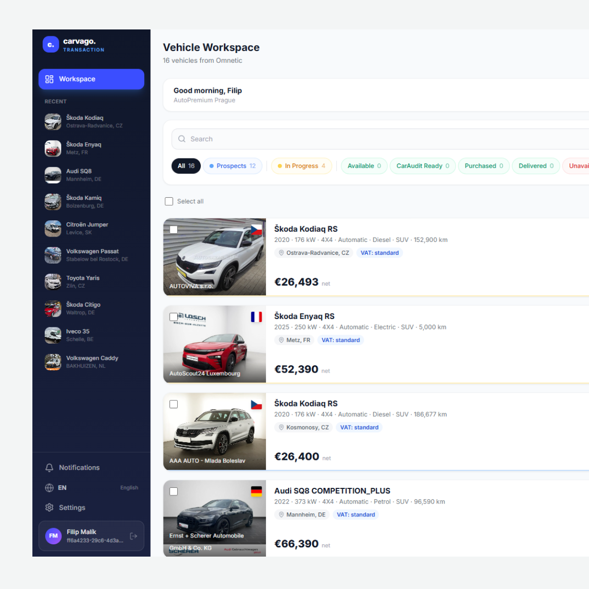Dealer reviewing stock planning data and demand signals in the Carvago BUY dashboard
