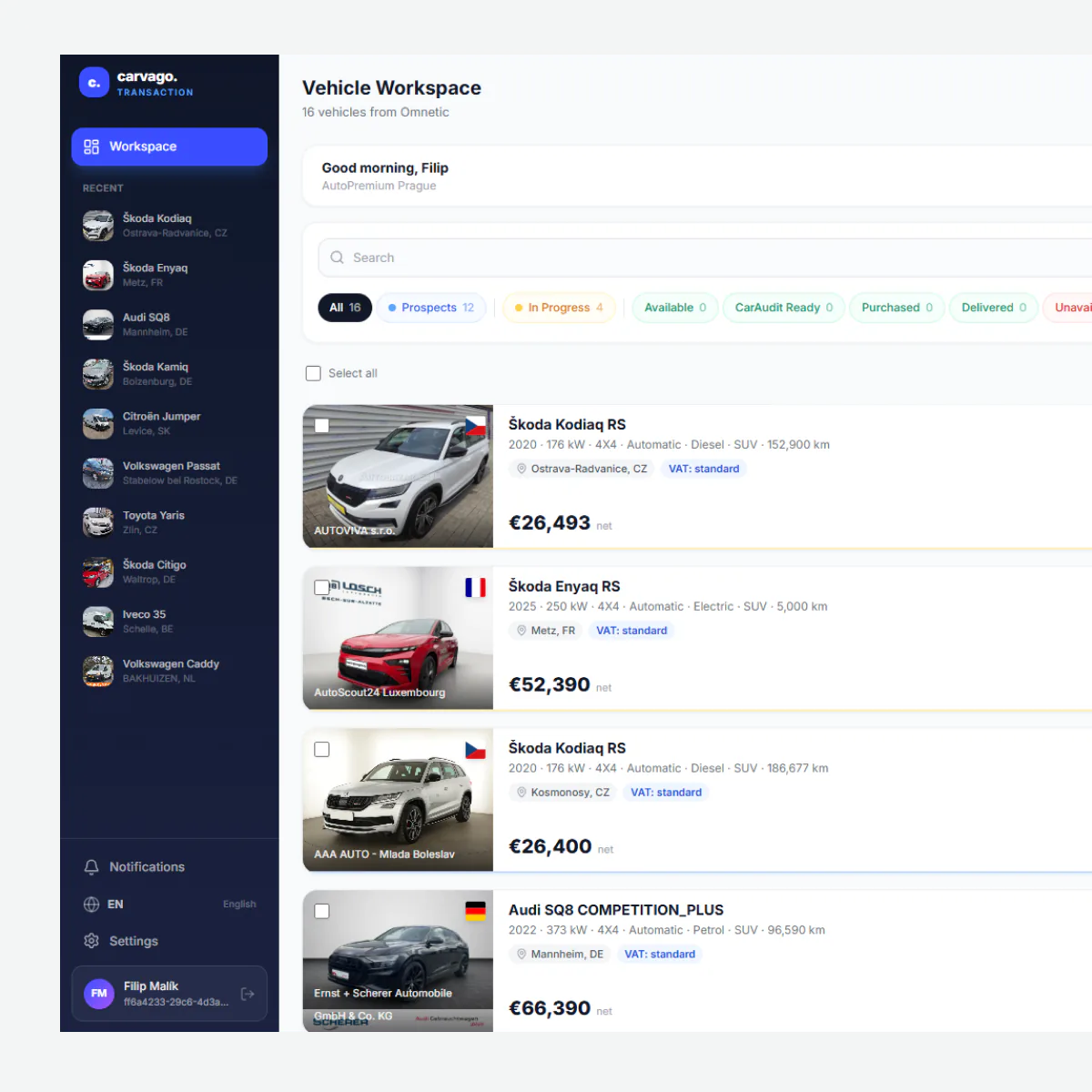Dealer reviewing stock planning data and demand signals in the Carvago BUY dashboard