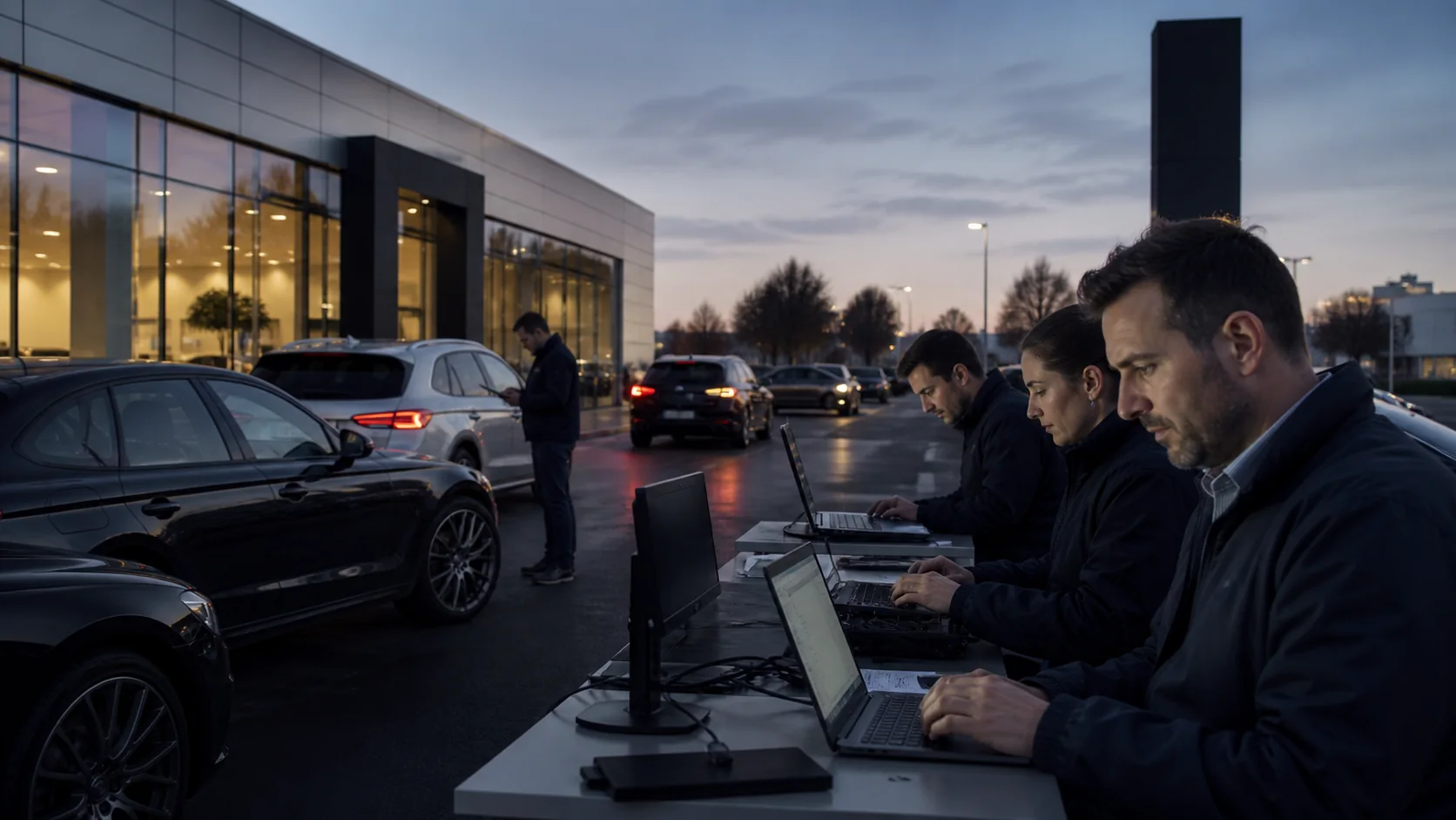 Dealership managers reviewing operational performance across sales, stock and service