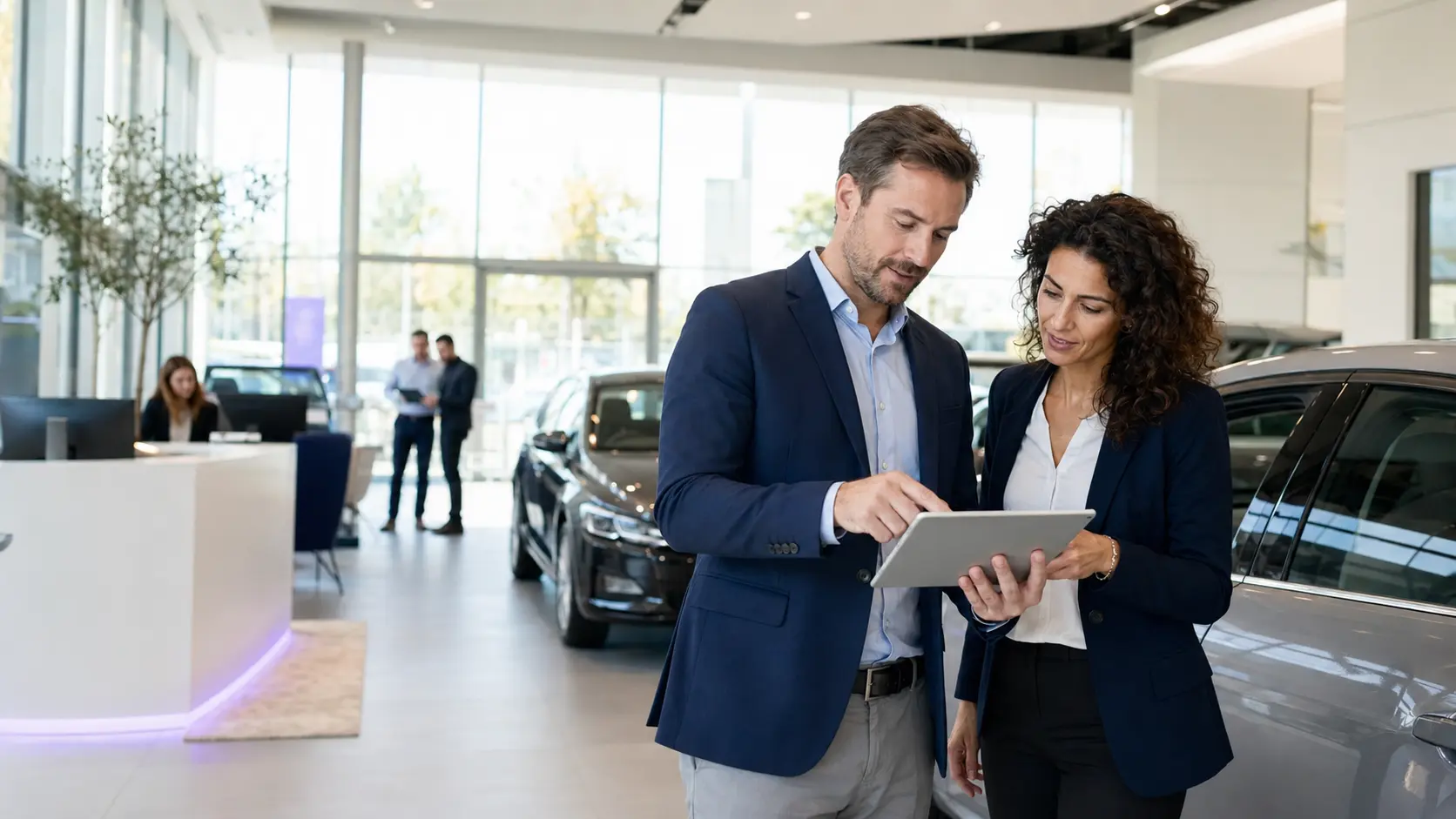 Dealership teams coordinating vehicle sales, service and back-office operations through connected software