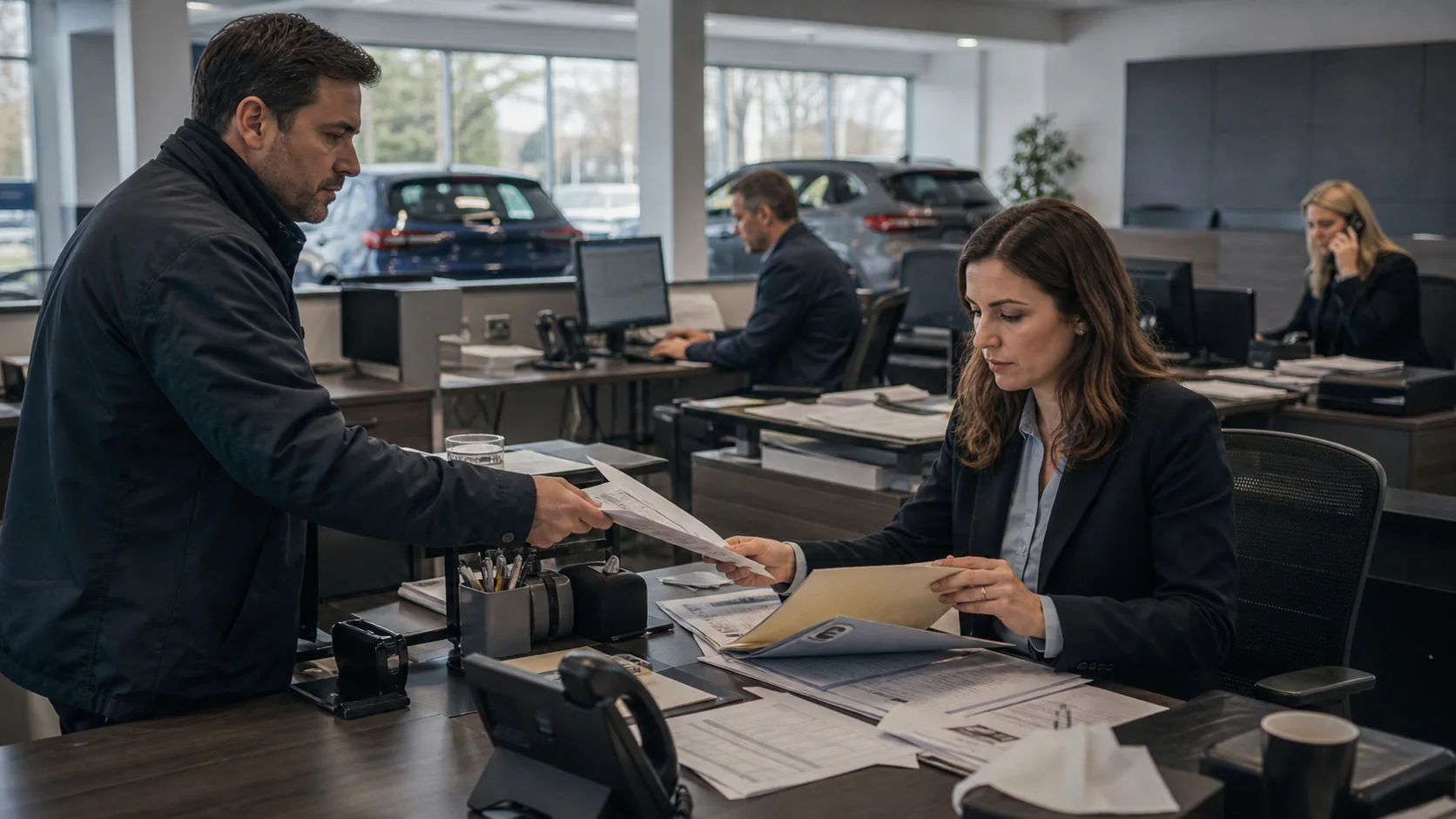 Dealer back-office team reviewing unified customer, vehicle and financial data