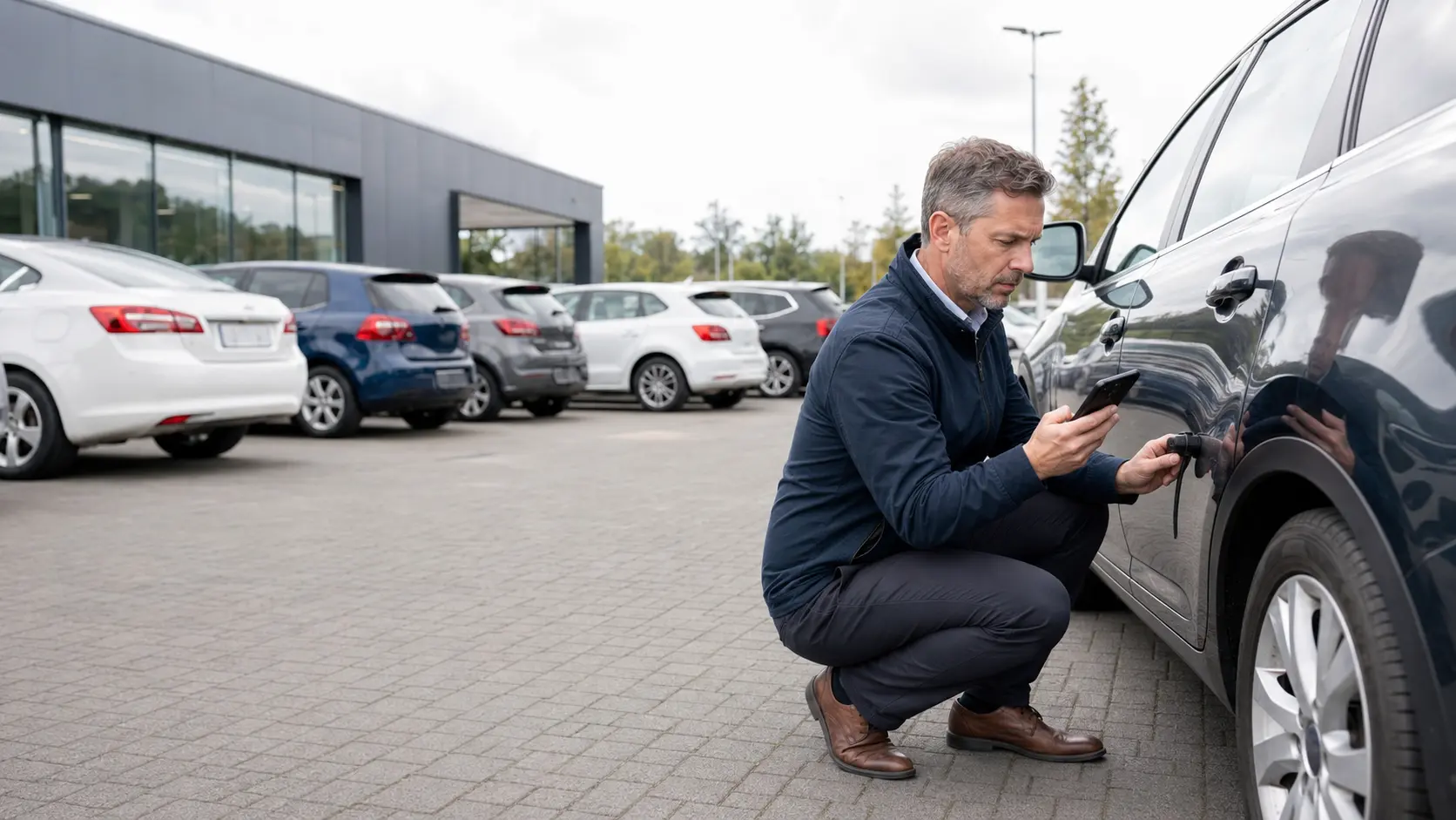 Dealer employee documenting a used vehicle during appraisal