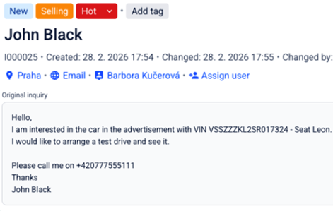 AI Lead Management interface extracting key fields from an incoming email into a CRM record