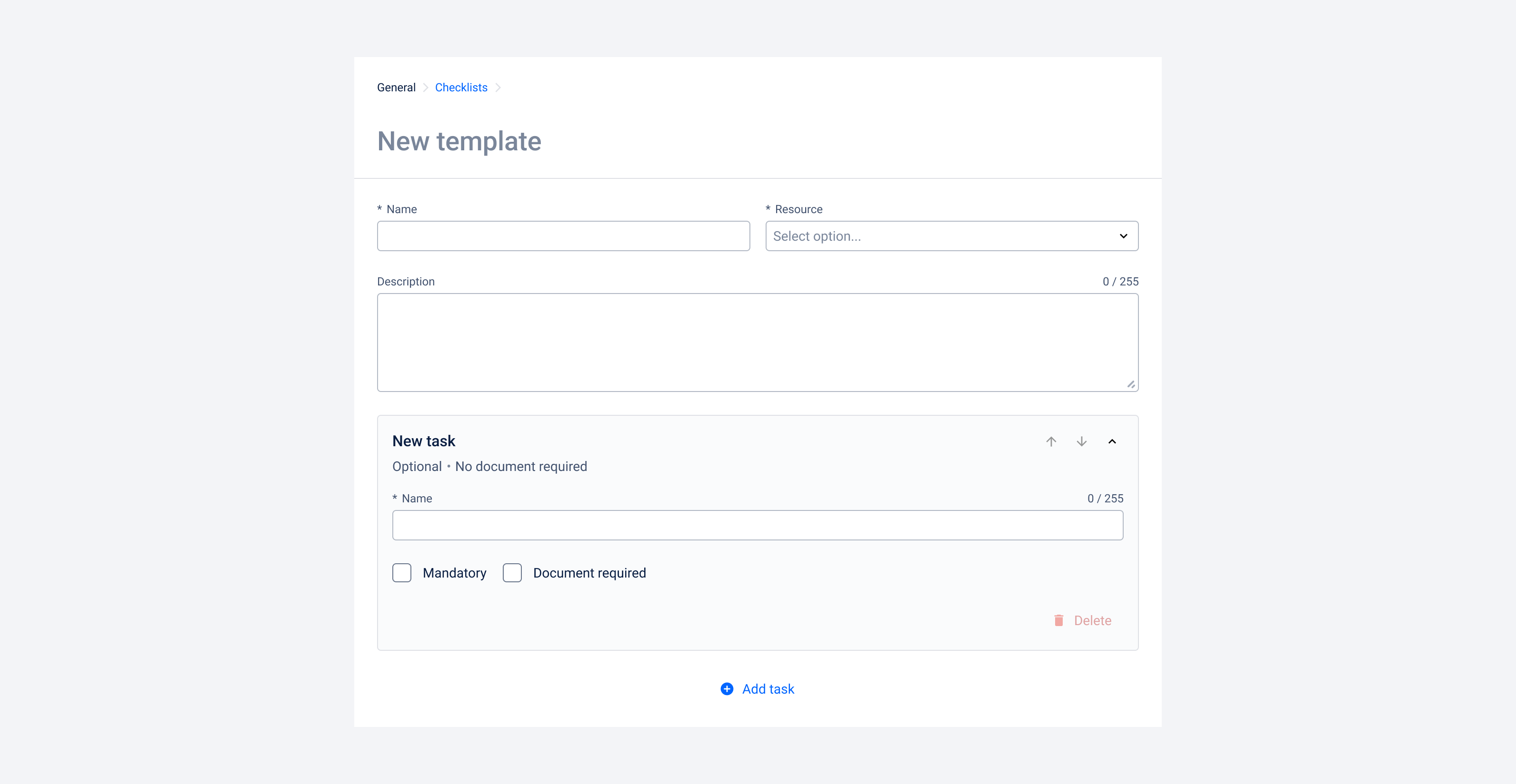 Form for creating a new checklist template