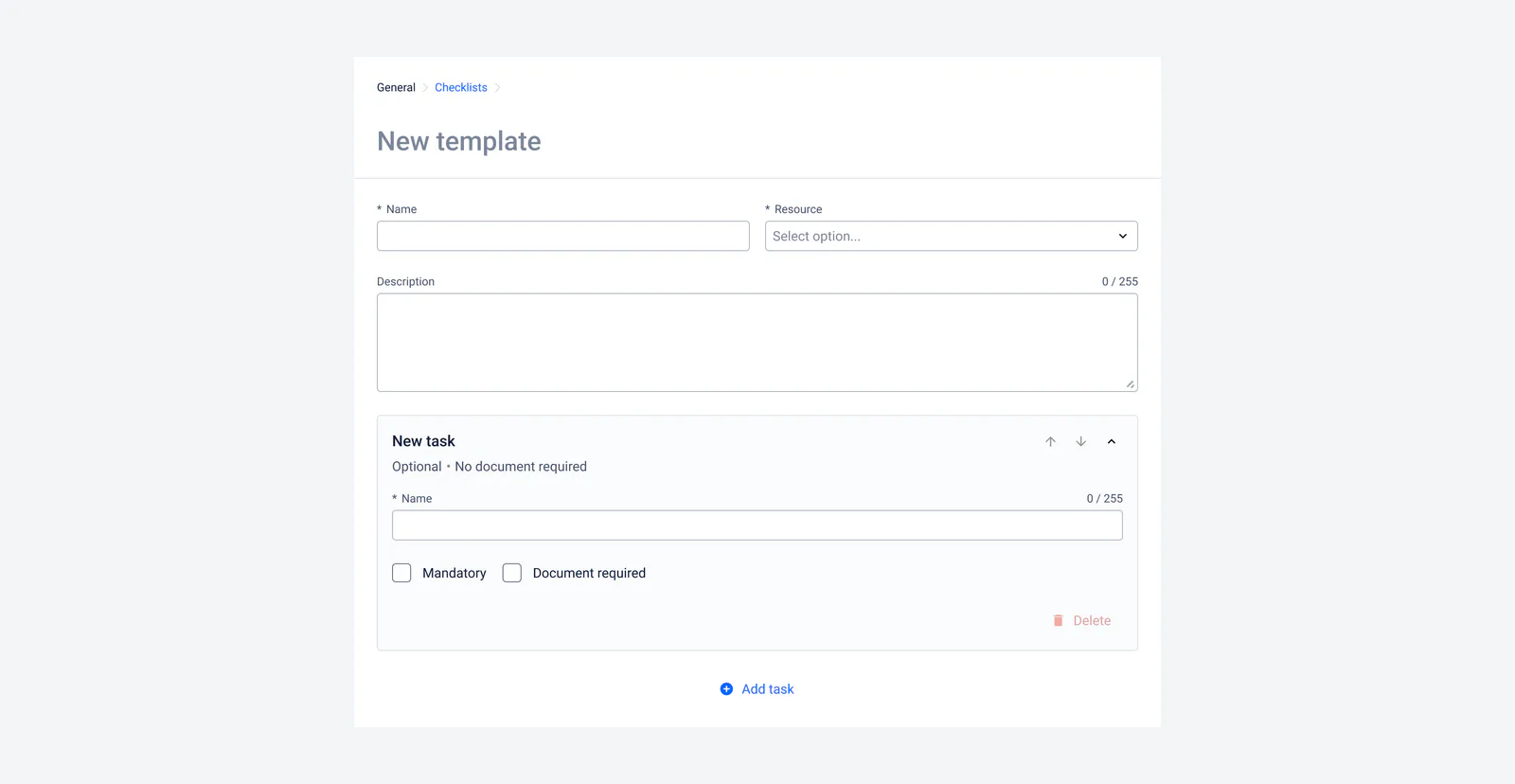 Formulaire de création d'un nouveau modèle de checklist