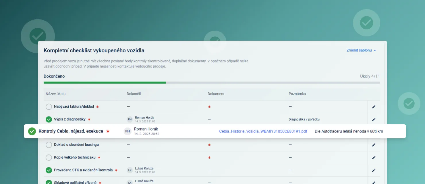 Vue d'ensemble d'une checklist terminée pour un véhicule racheté