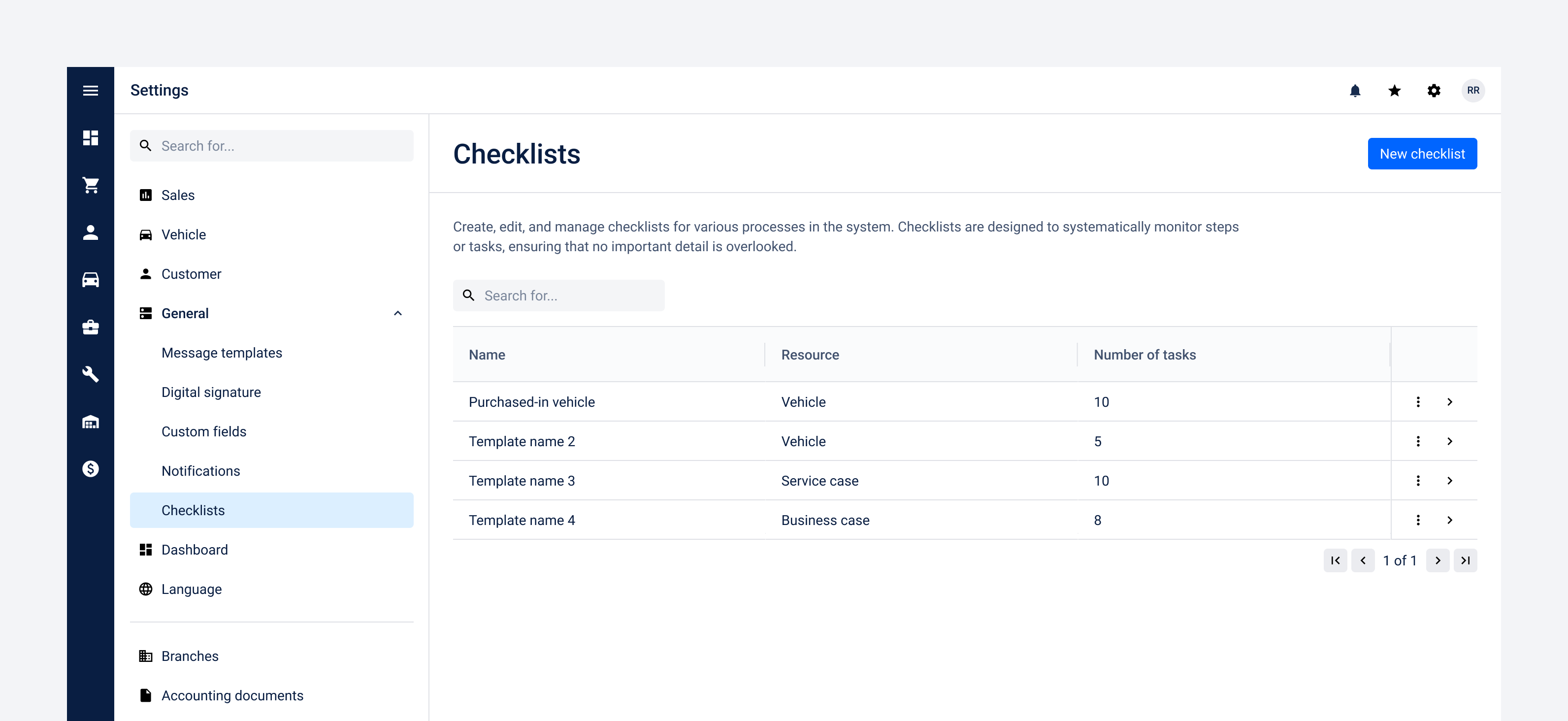The Checklists section in the application settings
