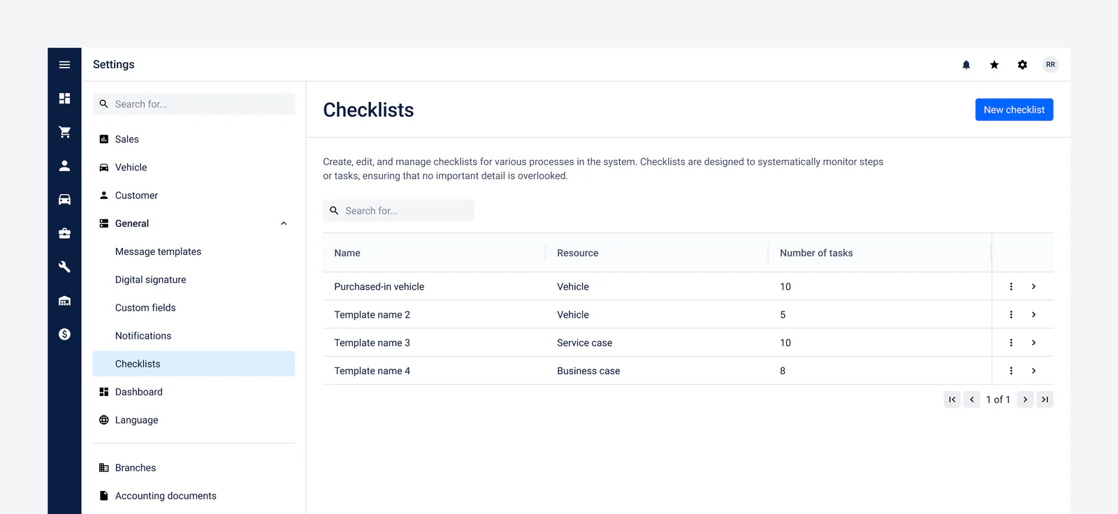 La section Checklists dans les paramètres de l'application