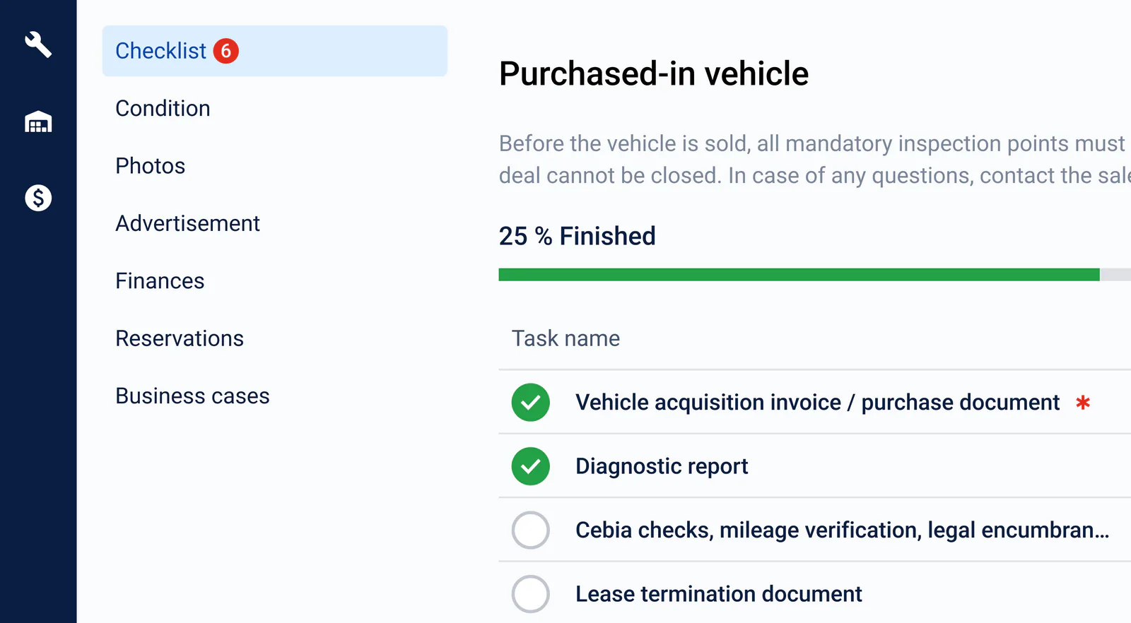 Checklist accessible directement depuis le détail de l'enregistrement